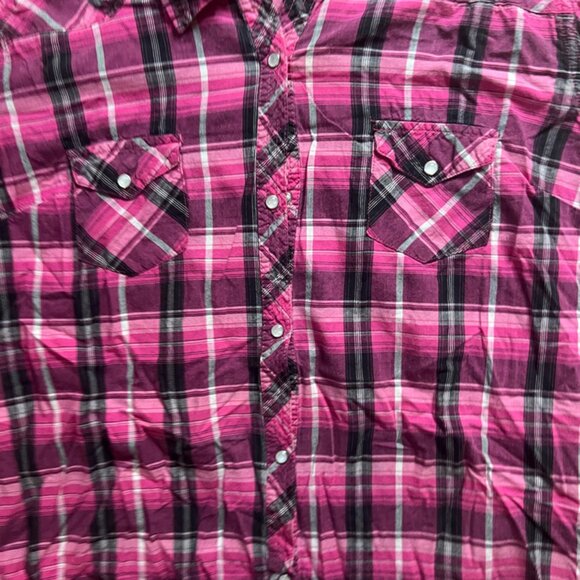 Ocean Pacific OP Juniors XL Pink Button Up Collard Flannel Long Sleeve Plaid - Picture 2 of 5